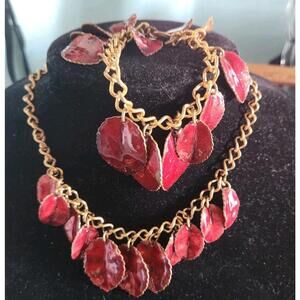 Vintage Goldtone Necklace N Bracelet Set With Red leaves.Minor Flaw See Pic